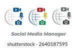 Social media manager working with different multimedia devices like camera, microphone and video. Logo representing social media and multimedia sharing around the world.