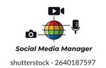 Social media manager working with different multimedia devices like camera, microphone and video. Logo representing social media and multimedia sharing around the world.