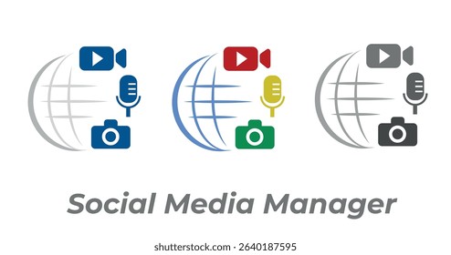 Social media manager working with different multimedia devices like camera, microphone and video. Logo representing social media and multimedia sharing around the world.