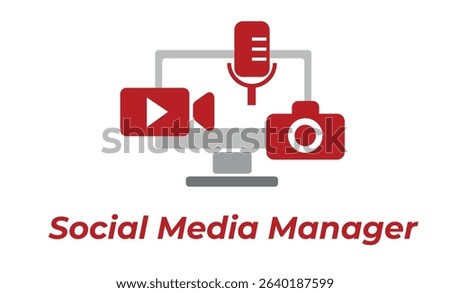 Social media manager working with different multimedia devices like camera, microphone and video. Logo representing social media and multimedia