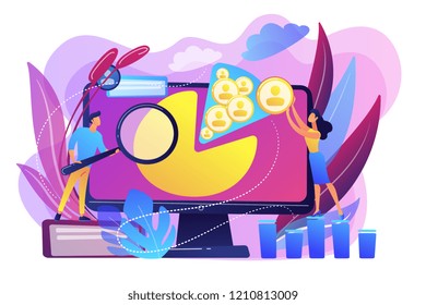 Social media managers work with social media profiles and platforms. Social media management, company SMM strategy, digital marketing tool concept. Bright vibrant violet vector isolated illustration