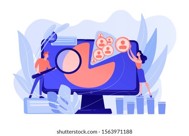 Social media managers work with social media profiles and platforms. Social media management, company SMM strategy, digital marketing tool concept. Pinkish coral bluevector isolated illustration