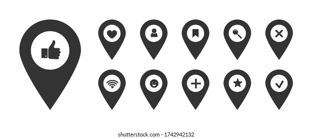 Social media map pointer icon set. Pin sign collection. Black geotag location point with like, wi-fi, search, favorites, check mark, person symbols. Vector illustration for web, app, infographics, ad
