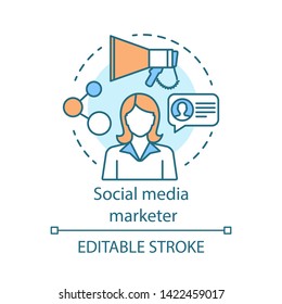 Social media marketer concept icon. Digital marketing specialty idea thin line illustration. Content creating and sharing. Media network, blogger. Vector isolated outline drawing. Editable stroke