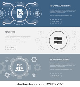 Social Media Marketing 3 horizontal webpage banners template with In-game Advertising, News Feed, Brand engagement concept. Flat modern isolated icons illustration.