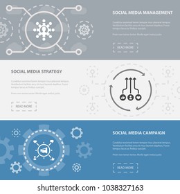 Social Media Marketing 3 horizontal webpage banners template with social media management, social media strategy, social media campaign. Flat modern isolated icons illustration.