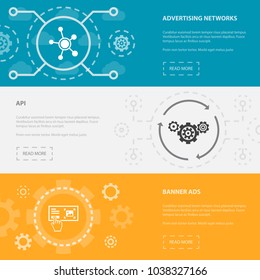 Social Media Marketing 3 horizontal webpage banners template with Advertising Networks, API, Banner Ads concept. Flat modern isolated icons illustration.