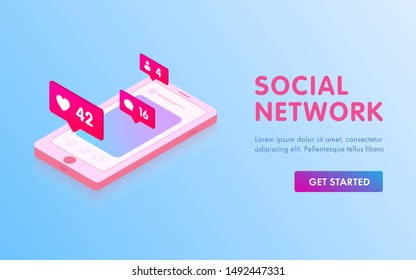 Social Media marketing 3d isometric design. SMM Image of mobile smart phone with social media network like icons, message and subscribers.  Communication in social media networks illustration