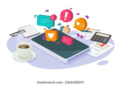 Social media marketing 3d isometric concept vector on cell phone smm network feed digital graphics illustration, advertising market audit research analyze app on cellphone, content strategy software