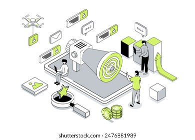 Social media marketing 3d isometric concept in outline isometry design for web. People advertising online shop for attracting of target audience, getting orders and clients. Vector illustration.