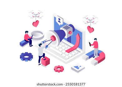 Social media marketing 3d isometric concept in geometry graphic design for web. People making online advertisement, promotion campaign, create branding, attract new customers. Vector illustration.