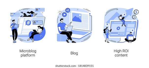 Social media marketing abstract concept vector illustration set. Microblog platform, blog and high ROI content, influencer, brand promotion, followers and subscriptions, viral content abstract