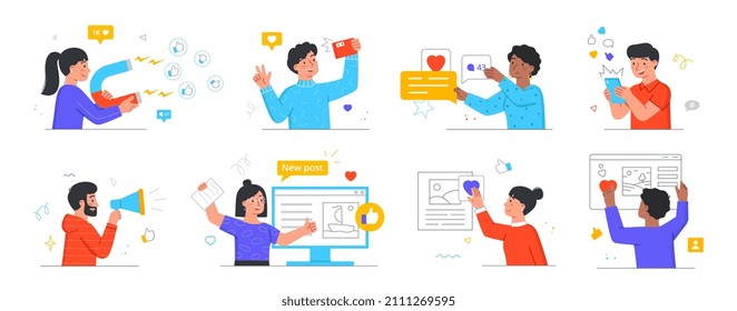 Social Media Marketing abstract concept. Set of men and women attracting new subscribers, posting photos and commenting on publication. Cartoon flat vector collection isolated on white background