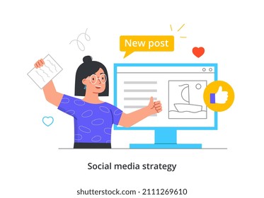 Social media marketing abstract concept. Young woman stands next to computer screen and posts new article. Blogger advertises and promotes personal account. Cartoon modern flat vector illustration