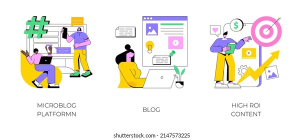 Social media marketing abstract concept vector illustration set. Microblog platform, blog and high ROI content, influencer, brand promotion, followers and subscriptions, viral content abstract