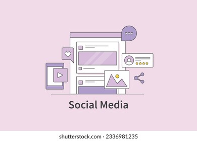 Social media marketing. Social media ad campaign for content promotion. Digital advertising strategy. Outline vector illustration with icons