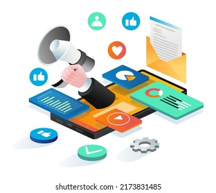 Social media marketing analysis isometric illustration