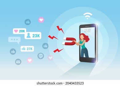 Social media marketing attraction, acquisition and retention strategy. Woman holding magnet on smart phone attracting people love, like, comment and followers. 