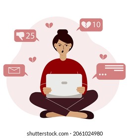 Social media marketing and audience growth. Flat vector concept illustration of an angry woman sitting with a laptop and browsing the net to communicate and get likes and hearts.