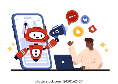 Social media marketing automation, AI tools. Tiny man and robot with megaphone advertising content, product or service from phone screen, SEO bot assistant of consumer cartoon vector illustration