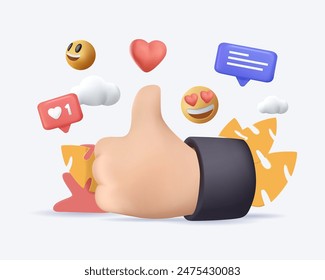 Anuncio de marketing de redes sociales. Ilustración 3D con me gusta, comentar, compartir y emoji sonrisas. Comunicación y mensajes en línea. Influencer, concepto blogger, seguidores SMM