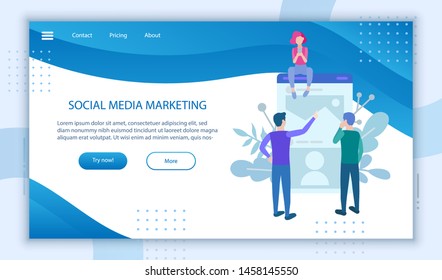 Social media marketing banner. For business management service landing page, promotion site design, mobile website development software poster concept template.  Web symbols people flat