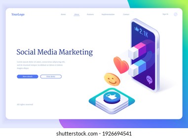 Social media marketing banner. Concept of business strategy for advertising campaign with digital content in network. Vector landing page with isometric smartphone with magnet that attract likes