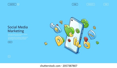 Social media marketing banner. Concept of network advertising, internet marketing. Vector landing page of SMM with isometric mobile phone with icons for social media app