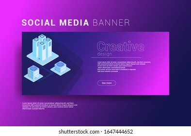 Social media marketing banner set concept, big research isometric illustration