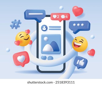 Social media marketing. Banner with smiling emoji, comments, hashtags and reactions on smartphone screen. Attracting audience and online promotion. Realistic 3D vector illustration in plasticine style