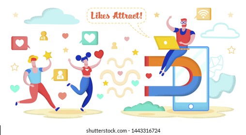 Social Media Marketing Banner Vector Illustration. Person Working on Gadgets such as Laptop and Mobile Phone to Increase Popularity‎. Man Sitting on Big Magnet Attracting Followers, Hearts, Stars.