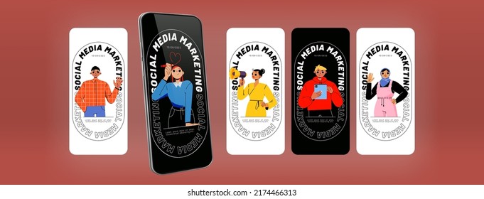 Social media marketing banners for mobile phone app. Business strategy. Vector banners of SMM, online advertising strategy with flat illustration of diverse people with megaphone and tablet