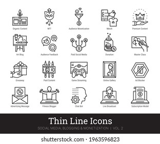 Social media marketing, blog monetization modern thin line icons set. Art, info business linear illustration concept for web and mobile app. Social network, blogging, content making, social marketing.