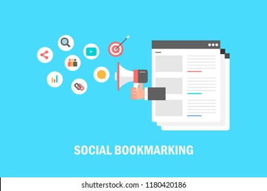 Social media marketing, Social Booking, Social content sharing flat vector illustration with icons isolated on blue background