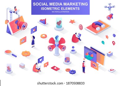 Social media marketing bundle of isometric elements. Magnet, megaphone, lead generation, marketer, announcement and promotion isolated icons. Isometric vector illustration kit with people characters.