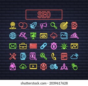 Social media marketing. Business company people. Marketing network. Vector neon icon design. Vector stock illustration.