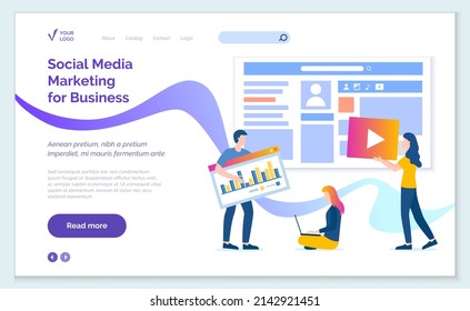 Social media marketing for business concept. Colleagues discuss account promotion in social network. Employees create online advertising for customer profile. Marketing website landing page template