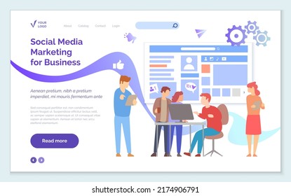 Social media marketing for business web page template. Increase followers with successful marketing strategies people confer about thumb up and reactions to social media profile on business page