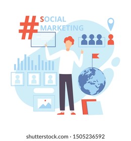 Social Media Marketing, Businessman Working on Content Engagement, Network Business Strategy, Online Promotion Flat Vector Illustration