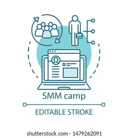 Social media marketing camp concept icon. Investors, shareholders gathering idea thin line illustration. Company, business expanding opportunity. Vector isolated outline drawing. Editable stroke