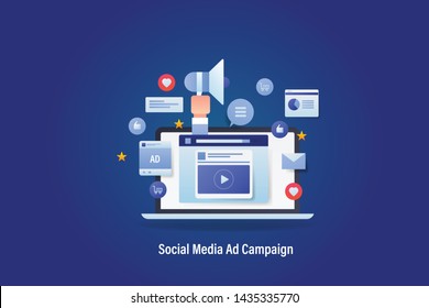 Social media marketing, Marketing campaign, Influencer marketing network, vector banner with icons