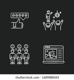 Social media marketing chalk white icons set on black background. Review rating. Fan meeting. Loyal audience. Advertisement insert. Social media marketing. Isolated vector chalkboard illustrations