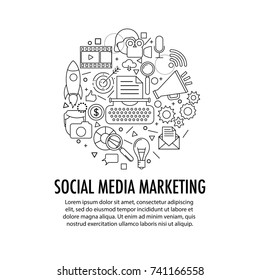 Social Media Marketing circle template. Circle with different SMM icons elements on white background. Copywriting icon in centre. Movie and foto, writing and other content.