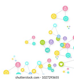 Social media marketing, Communication networking concept. Random icons social media services tags linked on white background. Comment, friend, like, share, target, message. Vector Internet concept.