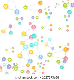 Social media marketing, Communication networking concept. Random icons social media services tags linked on white background. Comment, friend, like, share, target, message. Vector Internet concept.