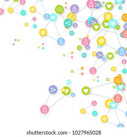 Social media marketing, Communication networking concept. Random icons social media services tags linked on white background. Comment, friend, like, share, target, message. Vector Internet concept.