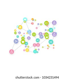 Social media marketing, Communication networking concept. Random icons social media services tags linked on white background. Comment, friend, like, share, target, message. Vector Internet concept.