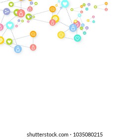 Social media marketing, Communication networking concept. Random icons social media services tags linked on white background. Comment, friend, like, share, target, message. Vector Internet concept.