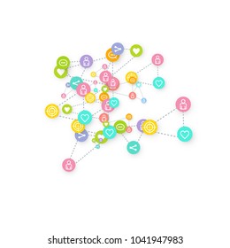 Social media marketing, Communication networking concept. Random icons social media services tags linked on white background. Comment, friend, like, share, target, message. Vector Internet concept.