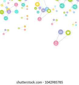 Social media marketing, Communication networking concept. Random icons social media services tags linked on white background. Comment, friend, like, share, target, message. Vector Internet concept.